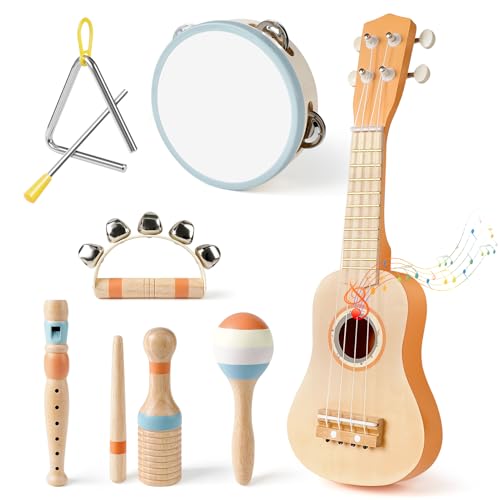 Kids Guitar Set - 7 in 1 Musical Instruments for Toddlers 2-4, Wooden Musical Toys for 2 3 4 Year Old Boy & Girls Birthday Gifts, Band Sets with Ukulele/Flute/Tambourine/Maracas Toys for Kids 3-5
