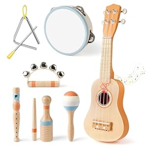Kids Guitar Set – 7 in 1 Musical Instruments for for Toddlers 2-4, Wooden Musical Toys for 3 4 5 Year Old Boy & Girls Easter Birthday Gifts, Band Sets with Ukulele/Tambourine/Maracas Toys for Kids 3-5