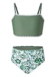 blibean Tween Girls Swimsuit Teen Two Piece Bathing Suit Big Kids Hawaiian Bikini Sets Junior High Waisted Swimwear Floral Boho Swimming Suits Beach Traje Baño Niñas Size 8-9 Year Old Sage Green