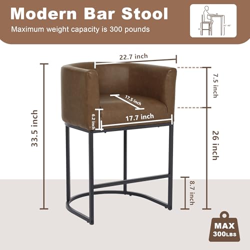 Image of 26 inch Counter Height Bar Stools Set of 3, Faux Leather Upholstered Barrel Chairs with Back and Arms, Metal Frame Kitchen Island Stools with Footrest, Cognac Brown