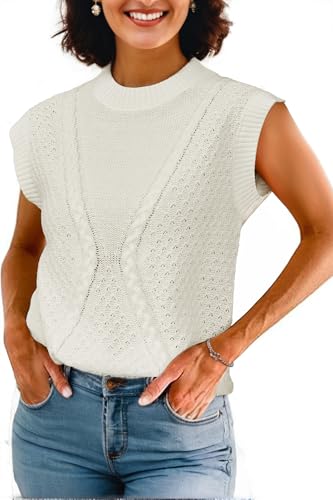 Arach&Cloz Womens Spring Sweater Vest 2025 Cap Sleeve Crew Neck Casual Tops Cable Knit Crochet Loose Fit Summer Outfits