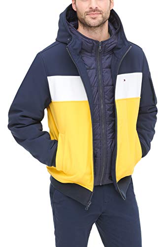 Image of Tommy Hilfiger Men's Soft Shell Fashion Bomber With Contrast Bib and Hood