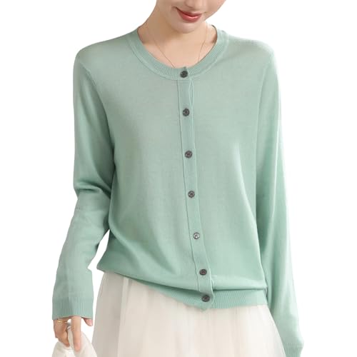 Image of Women's 100% Merino Wool Crew Neck Cardigan Sweater Top Long Sleeve Button Down 2025
