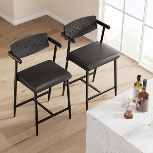 GarveeHome Juego de 2 taburetes de bar con cojín de piel sintética y estructura de metal, sillas de comedor con respaldo, taburetes altos con reposapiés y reposabrazos, para comedor y salón, 49 x 48 x