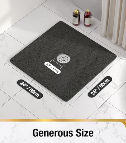Image of HITSLAM Square Loofah Shower Mat, 24x24 Inch Non Slip Bath Mat, Black