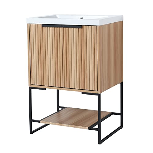 Voohek 24 Inch Freestanding Bathroom Vanity With Sink, Storage Cabinet With 2 Stripes-Line Drawers, Maple #TOP2