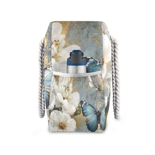 Butterfly Floral White Beach Bag for Women Large Beach Tote Bag Zipper for Swim Gym Travel Daily 7