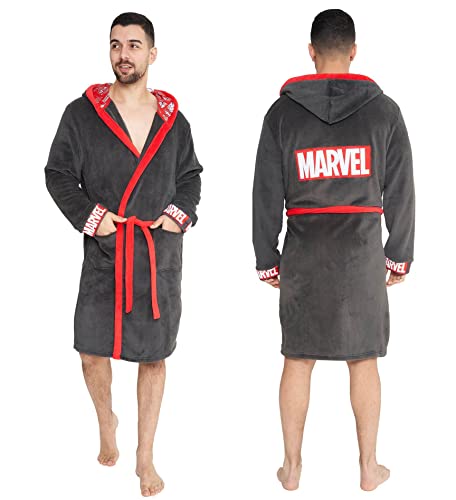 Marvel Mens Dressing Gown, Fleece Hooded Robe Official Nightwear S - 2XL (MEDIUM, GREY)