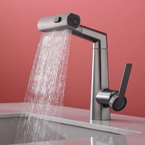 Mitigeur de lavabo en laiton gris avec douchette extractible pour salle de bain