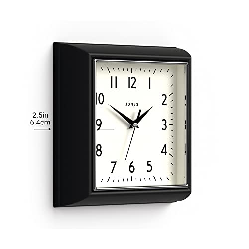 Jones Clocks® The Mustard Wall Clock - Analog Wall Clock - Retro Clock - Kitchen Wall Clocks - Easy To Read Dial - Square Wall Clock - British Design - 10In Clock (Black) #TOP3