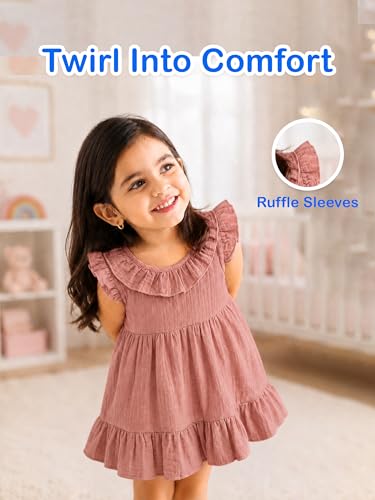 Image of Kidbea Baby Girls' Cotton Dress, Comfortable, Trendy Ruffled Sleeves & Hem, Soft Breathable Fabric for Everyday & Special Occasions