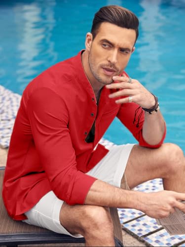 Image of Mens Casual Button Down Shirt | Cotton Luster Long Sleeves Shirts | Mandarin Collared Shirts
