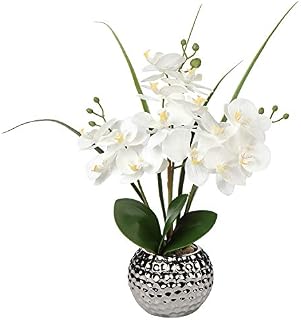 Briful 20.8" Artificial Flowers Orchid Plant Real Touch Phalaenopsis in Ceramic Silver Pot for Wedding Dinning Table Centerpiece Home Decor, Orchid White Lifelike Fake Flowers
