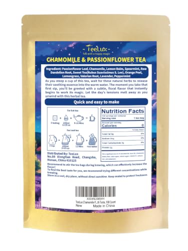 Image of TeeLux Chamomile Passionflower Tea Bags, Smooth & Soothing Taste, 100 Count | Caffeine Free Herbal Blend with Lemon Balm, Spearmint, Valerian Root & Lavender, Floral Aroma, Gluten Free, Hot or Iced
