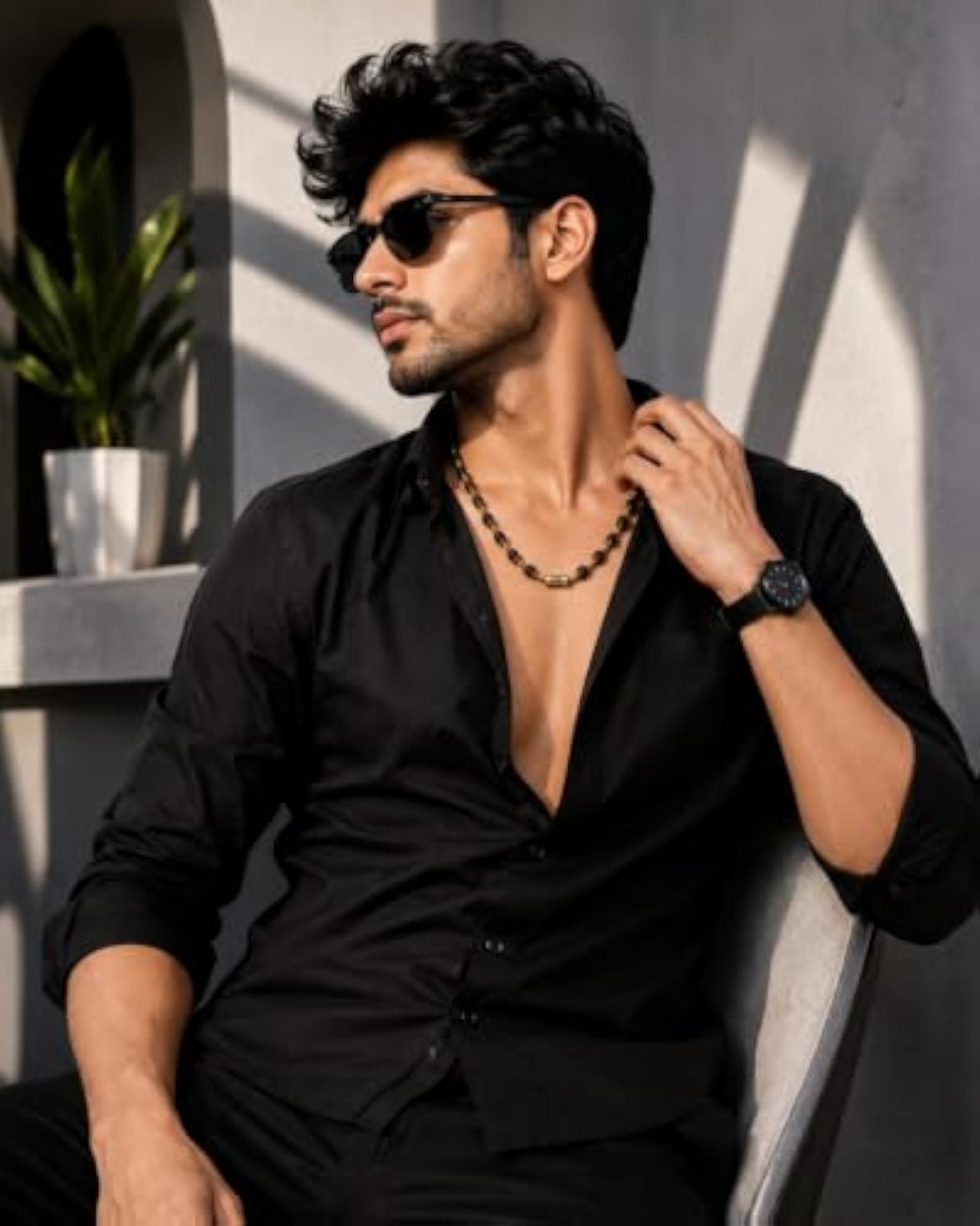 Men's Gold & Black Beaded Chain Necklace, Gold Plated