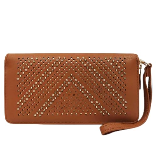 Carteira feminina de couro com porta-cartão de crédito, carteira longa, elegante, fivela, zíper, clutch, Marrom, Feche com fivela de segurança e vários compartimentos para cartão