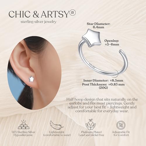 Image of CHIC & ARTSY 925 Sterling Silver Half Hoop Earrings for Women, Small Huggie Hoops Set with Ball Bar Star Moon Cross & Pearl, Lightweight Comfort Fit Everyday & Sleep Earrings