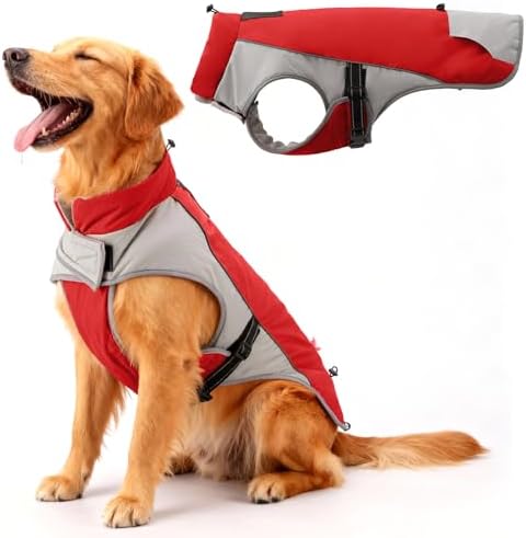 Bicolor Dog Winter Coat – Waterproof & Windproof Light-Insulation Jacket with Adjustable Neck & Tail, Reflective Christmas Dog Jacket for Outdoor Safety, Red & Gray XXL