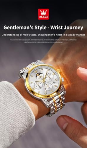 Image of OLEVS Chronograph Watches for Men Original Analog Quartz Black Stainless Steel Chain Luxury Dual Time Zone Moon Phase Date Waterproof Men's Wrist Watch