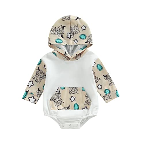 Image of Karuedoo Western Baby Boy Girl Clothes Cow Print Hoodie Sweatshirt Romper Oversized Color Block Long Sleeve Onesie Outfit (A Beige Cow Print, 0-6 Months)