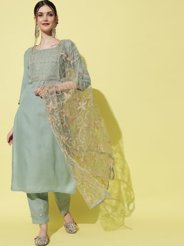Image of VredeVogel Women Cotton Slub Straight Kurta Set With Pant and Net Embroidery Dupatta