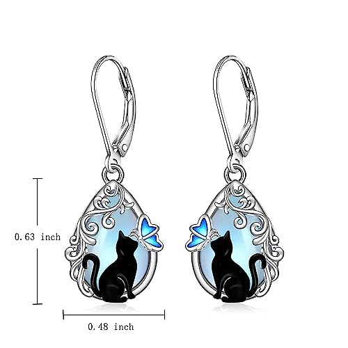 Cat Earrings Moonstone Black Cat Earrings for Women Sterling Silver Filigree Butterfly Dangle Drop Jewelry Leverback Halloween Christmas Gifts2