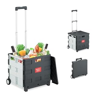 Relaxdays Einkaufstrolley, klappbar, Einkaufskorb mit Rollen, Deckel & Teleskopgriff, bis 35 kg, Rollkiste, weiß/grau