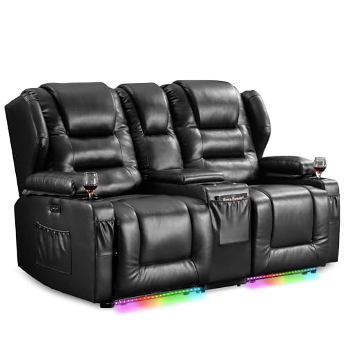 SITURAY Elektrisch Verstellbar Kinosessel 2 Sitzer mit Liegefunktion, Zweisitzer Relaxsessel Fernsehsessel mit Getränkehalter, 2er TV Sessel mit LED/USB (Kunstleder Schwarz, 2er mit Konsole)