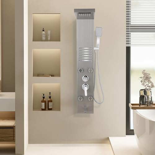 Peviasot Duschpaneel, Wandmontiertes Duschpaneel, 5 Funktionen Duschsäule, Duschpaneelsystem Edelstahl mit Armatur, Verstellbare Massagedüsen, PVC-Schlauch, bruchsicher, Silber Peviasot Duschpaneel, Wandmontiertes Duschpaneel, 5 Funktionen Duschsäule, Duschpaneelsystem Edelstahl mit Armatur, Verstellbare Massagedüsen, PVC-Schlauch, bruchsicher, Silber