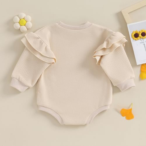 DOSYZTO Newborn Baby Girl Solid Romper Sweatshirt Ruffle Long Sleeve Bodysuit Outfit Infant Fall Clothing (Ruffled Sleeve Beige,0-3 Months) - Thumbnail 3