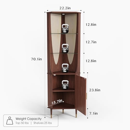 Image of JOINICE Tall Corner Bar Cabinet for Liquor,Mid-Century Modern,Walnut,70 inch | Fluted Door,Glass Shelves,Wine Cabinet with Led for Living Room, Kitchen,Dining Room,Easy Assembly,for Small Apartment