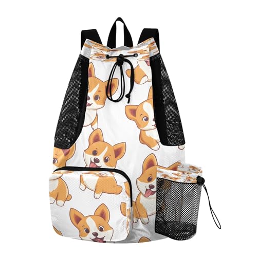Mesh Gym Swimming Bags for Men & Women, Cute Corgis Dog Pattern Large Drawstring Backpack with Dry-Wet Pocket, Lightweight Gym Bag for Sports, Travel, Beach, Workout Gear
