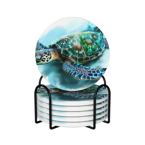 Dessous de verre en céramique tortue lot de 6 avec support en liège naturel pour table basse - 2