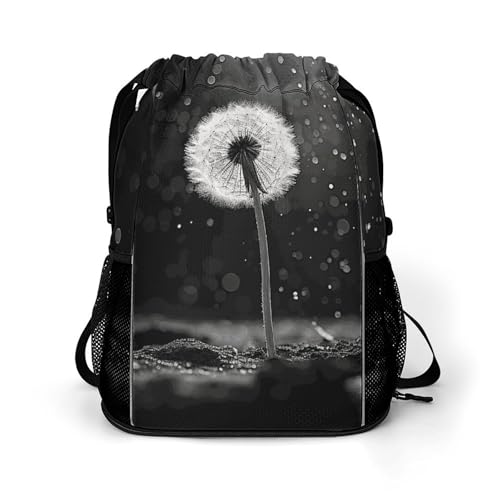 Sac à dos léger noir et blanc motif pissenlit avec cordons de serrage ajustables
