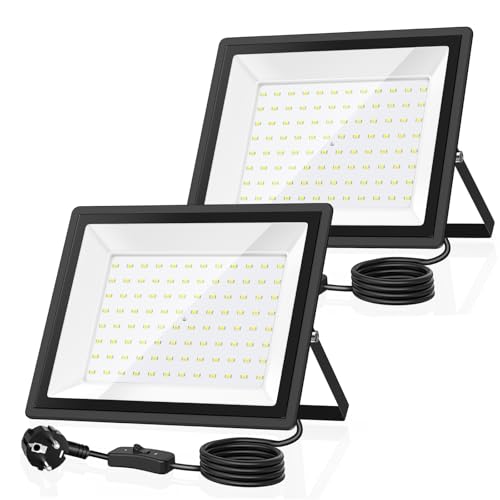 GGTU 100W Foco LED Exterior, 11000LM 6500K Blanco Frío, Cable de 2m con Enchufe, IP66 Impermeable Foco Ultrabrillante. Ideal para Almacenes, Obras, Piscinas y Canchas de Baloncesto (100W2P)