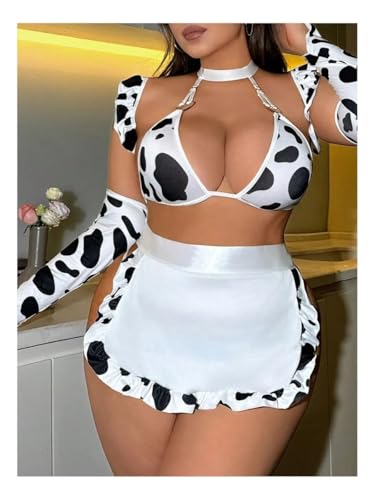 Image of GirlFriend Women's Plus Size 6 Piece Costume Sets Cow Print Cut Out Tie Back Lingerie Set Babydoll for Women Girl Black