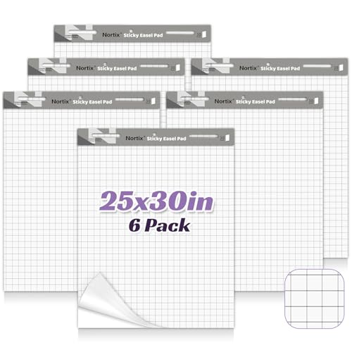 Nortix Bloc de caballete adhesivo, 25 x 30 pulgadas, papel de cuadrícula autoadhesiva, versátil y mejorado con superficie de borrado en seco para reuniones/entrenamiento/garabateo, 30 hojas/blocs, 6