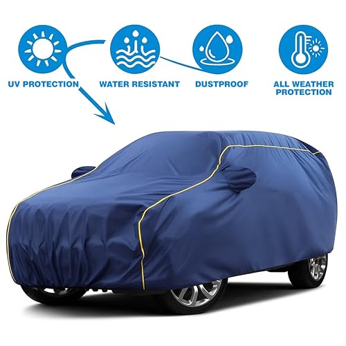 Image of Sulfar 100% Water Resistant Car Body Cover Compatible with Mirror for Daewoo Matiz (Triple Stitched, Full Bottom Elastic, Blue Taffeta with Yellow Piping)
