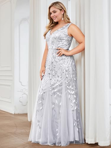 Image of Ever-Pretty Plus Sequin Formal Dresses Sleeveless V Neck Mermaid Ball Gowns Plus Size Prom Dress