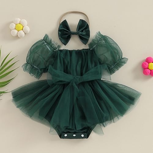 BULINGNA Infant Baby Girl Summer Princess Romper Dress Bubble Sleeve Tutu Skirted Onesie + Headband for Birthday3