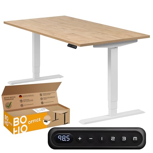 boho office® höhenverstellbarer Schreibtisch 160 x 80 cm - Elektrisch stufenlos, 2 Motoren, 3-Fach Teleskop, Memoryfunktion - Homedesk Weiß inkl. Tischplatte in Wildeiche