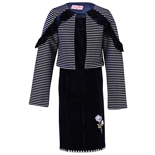 Image of Cutecumber Girls Velvet Solid Navy Dress with Velvet Striped Short Jacket. CC5661D-NAVY
