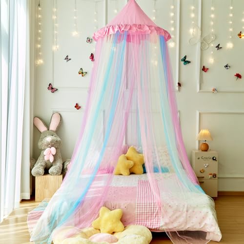 Image of Pink Rainbow Bed Canopy Twin Size Breathable Canopy Bed Curtain for Bed,Princess Play Tent for Girls Bedroom Decoration Reading Nook