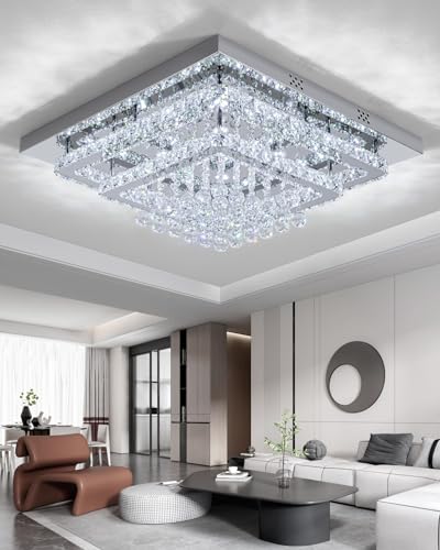 XEMQENER 60cm Crystal Chandeliers Ceiling Light, 84W Modern LED Ceiling Lights Square, Stainless Steel Flush Mount Crystal Pendant Lighting Fixture for Living Room Bedroom Dining Room(Cool White)