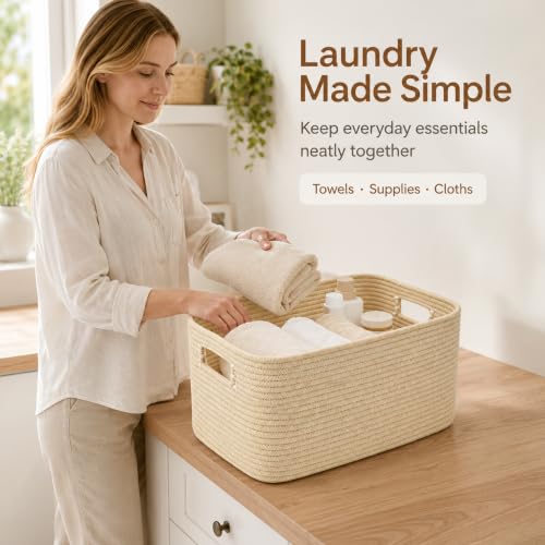 Image of 12.8GAL Small Cute laundry basket for nursery, Boho Square storage basket for Living Room Decor, Kids Girls Boys Toys Stuffed Animal Decorative Short Hamper for Dirty Clothes, Bath Towel,Shoes Oatmeal