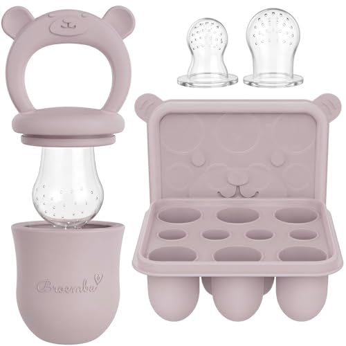 Broemba Chupete de Frutas para Bebé & 3 Tetinas con Molde de Helados - Tetina de Silicona Rosa con Mordedor, Alimentador de Frutas & Verduras, Molde de Hielo con Tapa