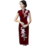 Xinvivion Cheongsam de Terciopelo Dorado para Mujer - Seda Floral Cheongsam Chino Vestido Medio Largo Qipao Delgado