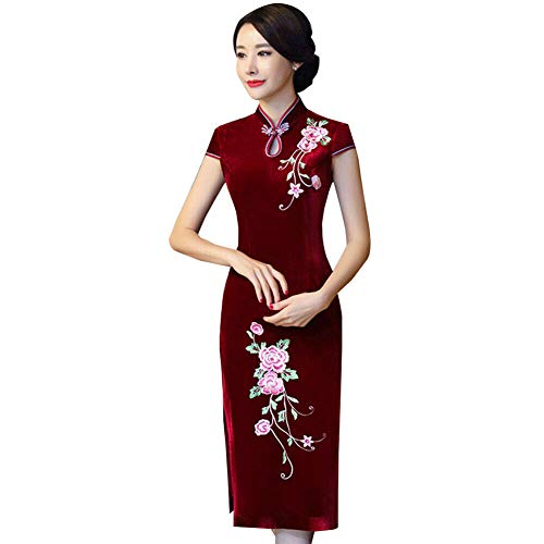Xinvivion Cheongsam de Terciopelo Dorado para Mujer - Seda Floral Cheongsam Chino...