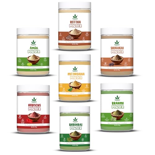 Image of Havintha Amla Reetha Shikakai Methidana Hibiscus Bhringraj & Brahmi Powder - Each 250 Grams (Combo pack of 7)