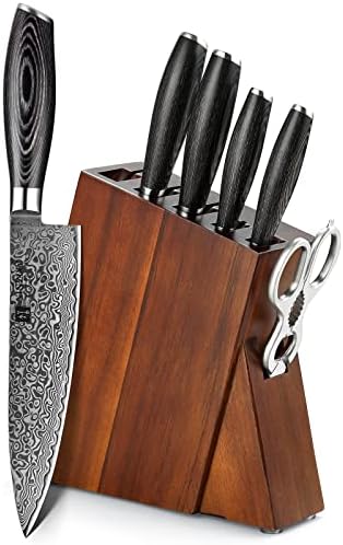 XINZUO 7PC Damascus steel Knife Block Sets, Professional High Carbon Steel Chef Knife Santoku Slicing Utility Fruit Knife with Multifunctional Kitchen Shears,Ergonomic Pakkawood Handle - Ya Series
